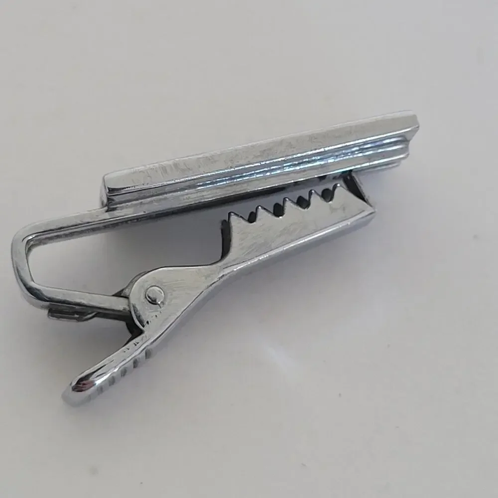 Locomotive Retro Silver Tone Tie Bar Clip Tac Clasp‎ Rectangle Vintage Small